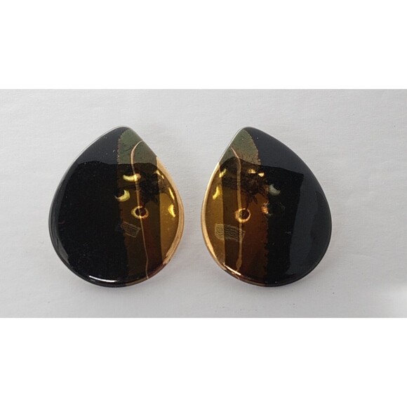 Southwest Bohemian Black & Gold Ceramic Teardrop Earrings Post 2 3/4 inch - Picture 3 of 9